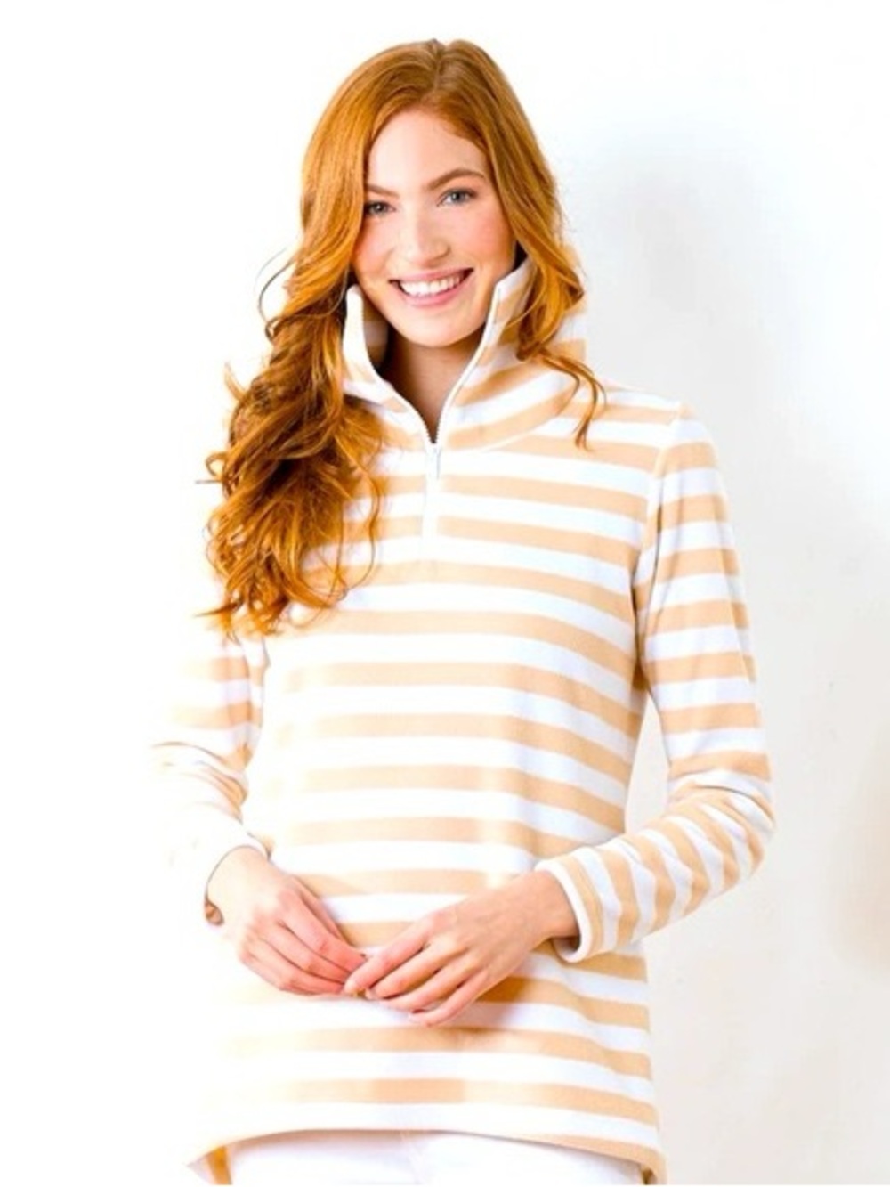 Dudley Stephens Cream and White Striped Half-Zip Pullover